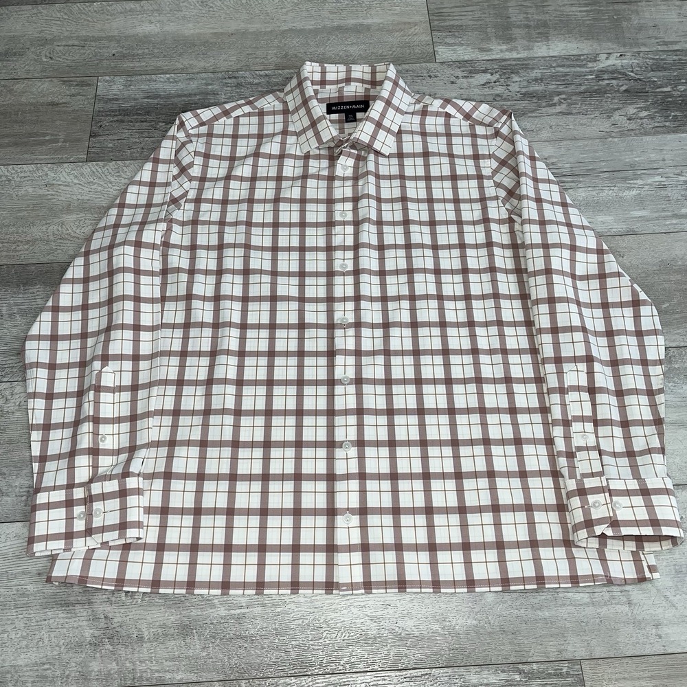 Mizzen+ Main Shirt XXL‎ Trim Fit Red White Check Performance Stretch Polyester